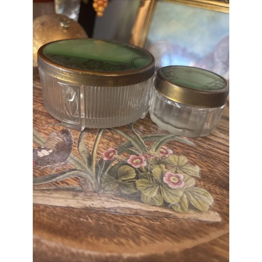 Vtg 2pc Art Deco Glass Vanity Jar Set w/ Floral Celluloid Lids 1940s/50s